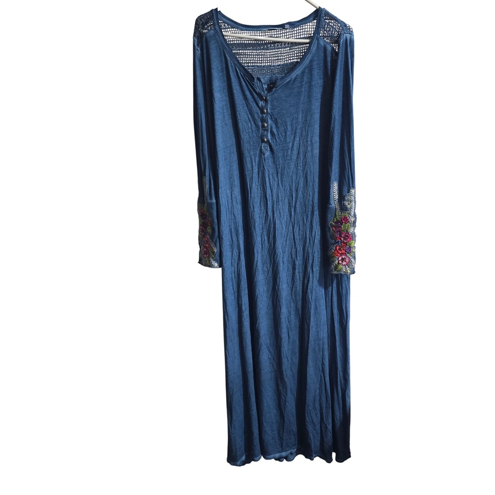 Soft Surroundings Ava Maxi Dress Womens XL Blue Embroidered Crochet Boho Henley